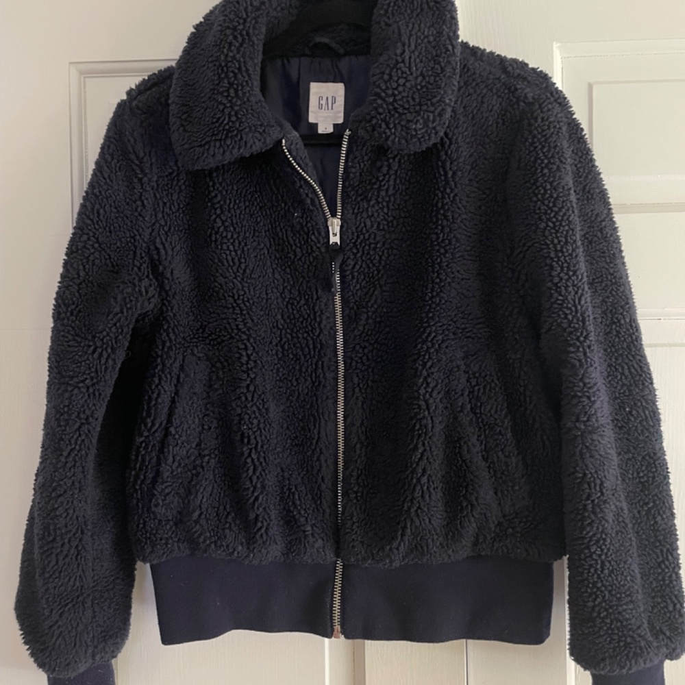 GAP Sherpa Teddy Bear Jacket Womens S Navy Blue Fleece Coat Bomber EUC Cozy